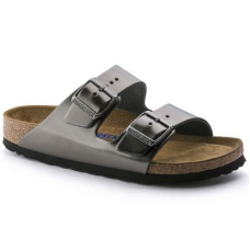 BIRKENSTOCK Arizona Natural Leather Metallic Anthracite Two-Strap Sandals